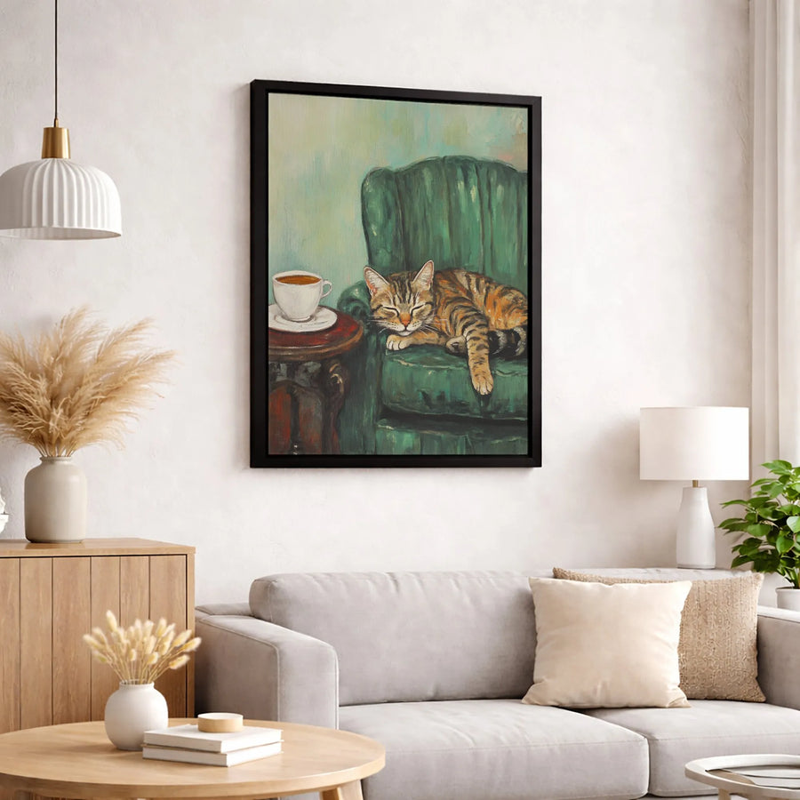 Cozy Cat Canvas Wall Art | Sleeping Tabby on Green Chair | Gallery Quality Print | Gift for Cat Lovers & Home Decor