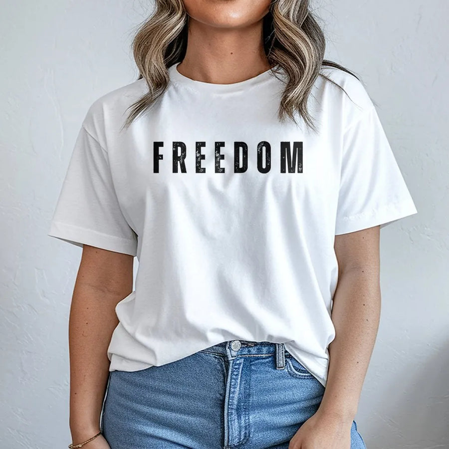 Freedom Graphic T-Shirt | Distressed Typography Print | Premium 100% Cotton | Patriotic Casual Gift for Adults
