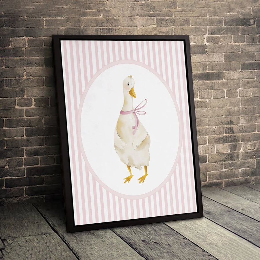 Watercolor Goose Canvas Art | Cute Animal Wall Decor with Pink Ribbon | Premium Gallery Wrap Print | Nursery or Farmhouse Wall Decor Gift