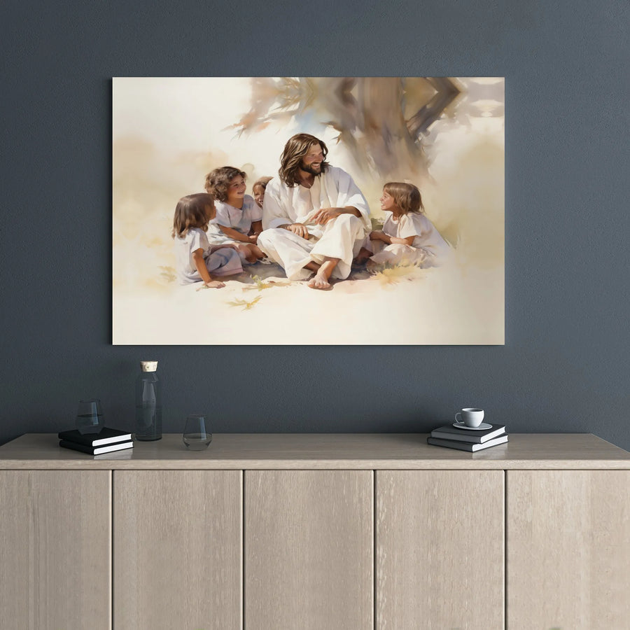 Jesus With Children Canvas Print | Watercolor Christian Wall Art | Premium Gallery Wrap Decor | Religious Home Gift for Nursery or Living Room