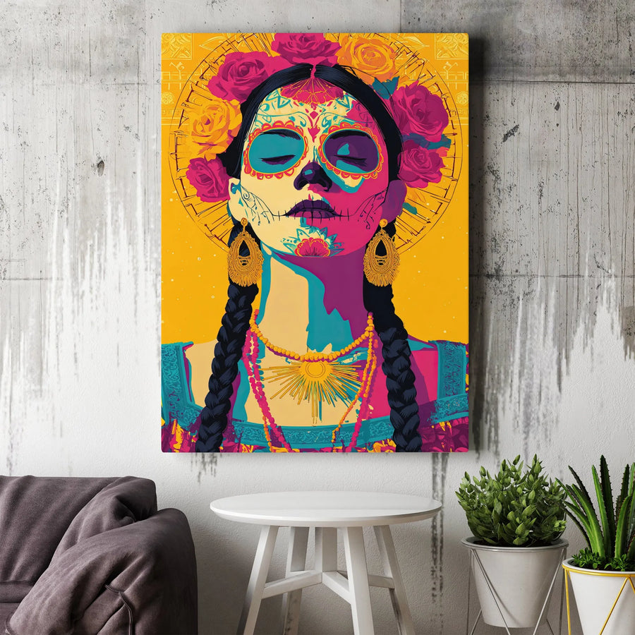 Sugar Skull Woman Canvas Wall Art | Vibrant Dia De Los Muertos Print | Premium Gallery Wrap Canvas | Modern Mexican Folk Art Home Decor Gift