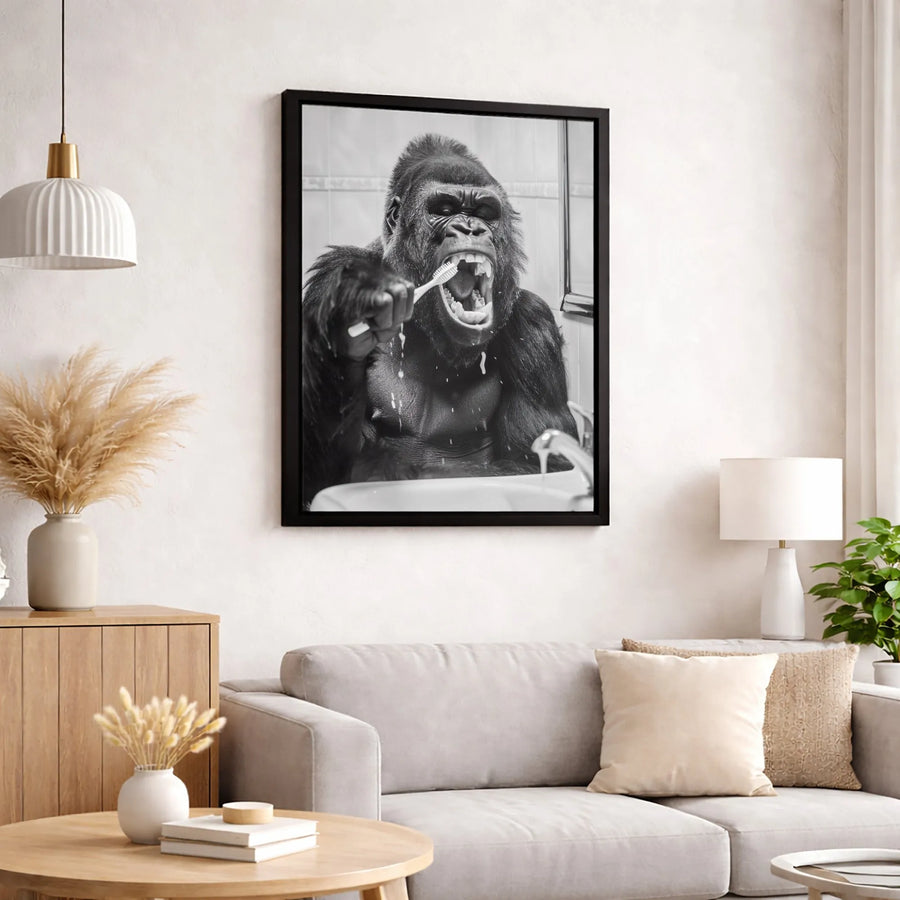 Gorilla Brushing Teeth Canvas Wall Art | Funny Bathroom Animal Photography | Gallery-Quality 1.25" Profile | Quirky Home & Office Decor Gift