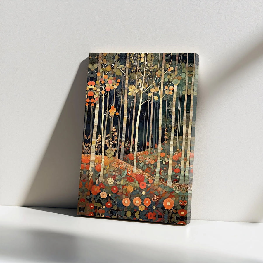 Art Nouveau Forest Canvas Wall Art | Vintage Folk Art Woodland Scene | Premium Gallery Wrapped Canvas Print | Botanical Home Decor Gift for Nature Lovers