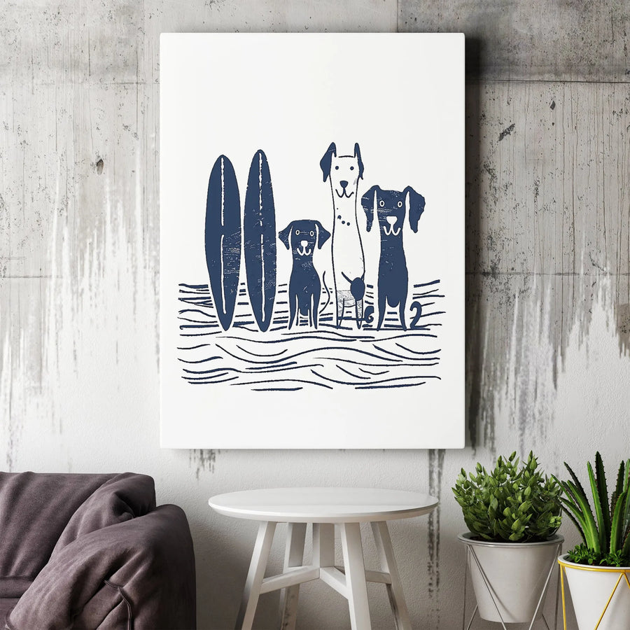 Surfing Dogs Canvas Wall Art | Minimalist Linocut Style Dog Print | Premium Gallery Wrap | Coastal Home Decor Gift for Dog Lover