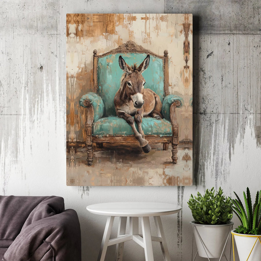 Donkey Wall Art Canvas | Whimsical Animal Sitting in Teal Armchair | Premium Gallery Wrapped Decor | Funny Farmhouse Living Room Gift