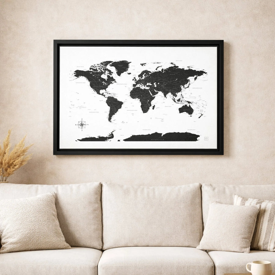 Minimalist World Map Canvas Wall Art | Black and White Geographical Print | Premium 1.25" Gallery Wrap | Modern Home Office Decor Gift
