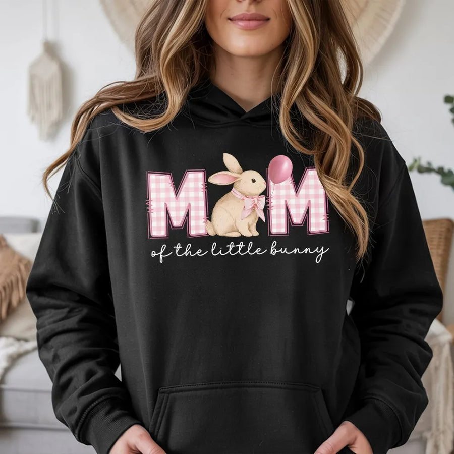 Mom of The Little Bunny Hoodie | Cute Gingham Rabbit Graphic | Premium Soft Sweatshirt | Easter Pregnancy Announcement Gift for Her
