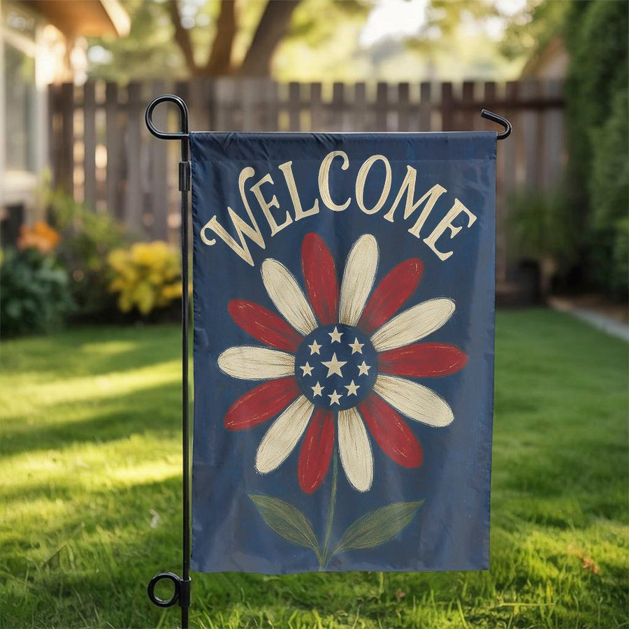 Patriotic Garden Flag | Red White Blue Americana Flower Welcome Sign | Durable Weather-Resistant Polyester | 4th of July Outdoor Decor Gift