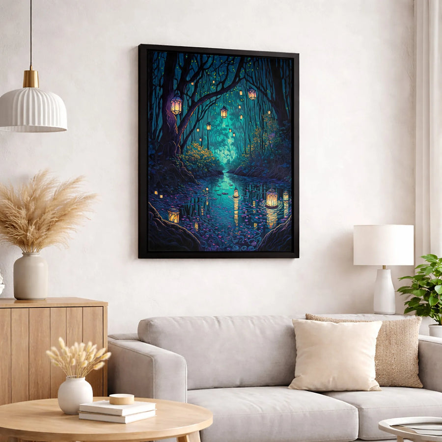 Enchanted Forest Canvas Print | Whimsical Floating Lantern River Art | Gallery Quality 1.25" Profile | Magical Nature Home Decor Gift