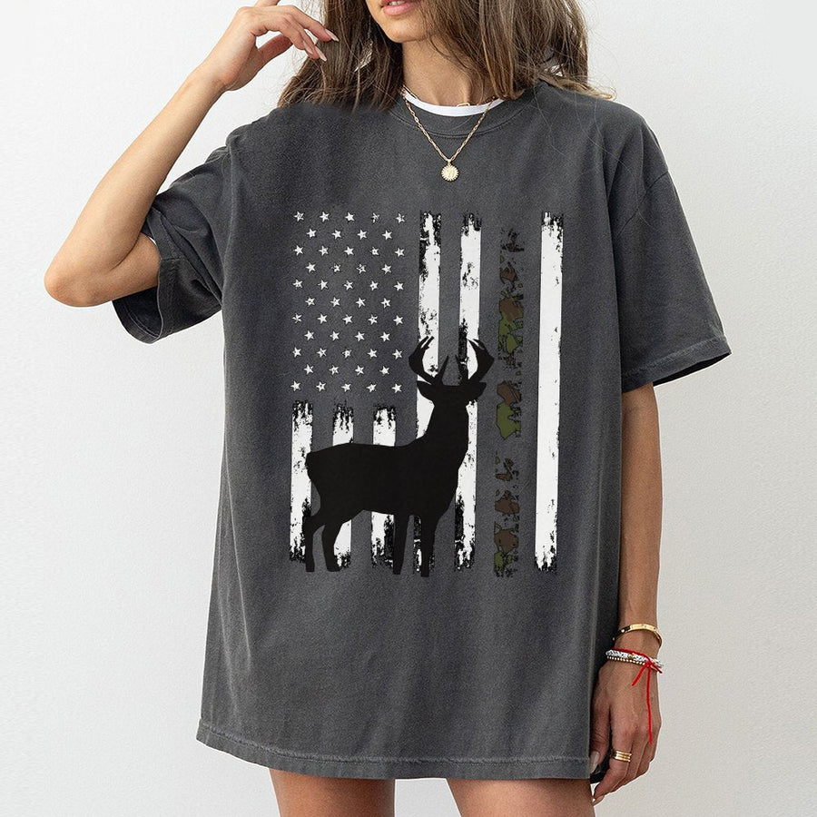 Whitetail Deer Hunting T-Shirt | Distressed American Flag Camo Design | 100% Cotton Premium Apparel | Patriotic Gift for Outdoor Sportsmen