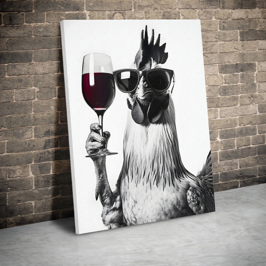 Cool Rooster Canvas Wall Art | Funny Chicken Drinking Wine Portrait | Premium Gallery Wrap Print | Whimsical Kitchen & Bar Decor