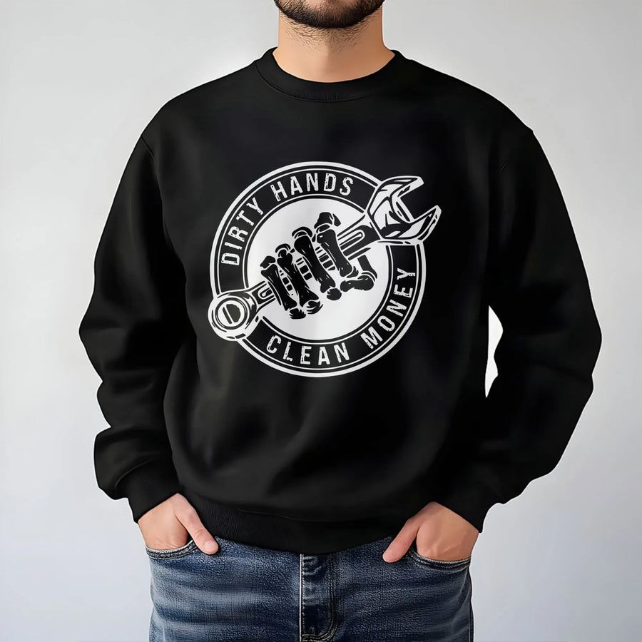 Dirty Hands Clean Money Sweatshirt | Mechanic Wrench Skeleton Hand Graphic | Premium Cotton Blend | Gift for Mechanic or Blue Collar Worker