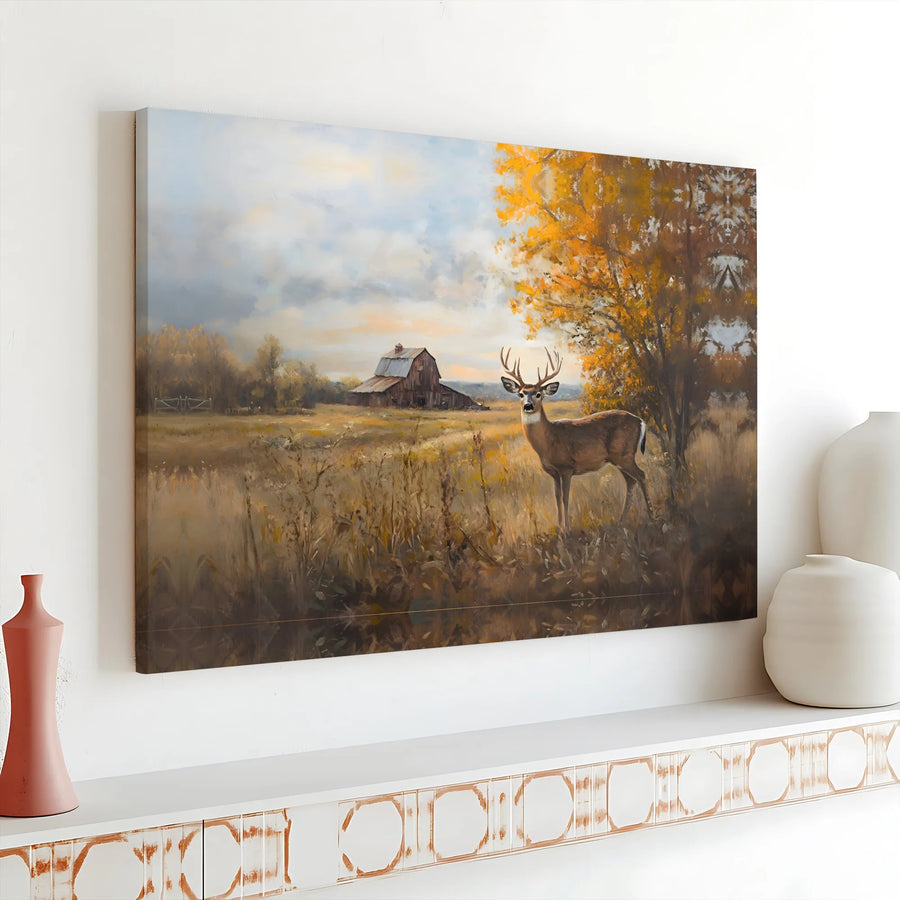 Buck Deer Wall Art | Autumn Countryside Farmhouse Landscape | Premium Gallery Wrap Canvas | Rustic Home Decor Gift for Nature Lovers