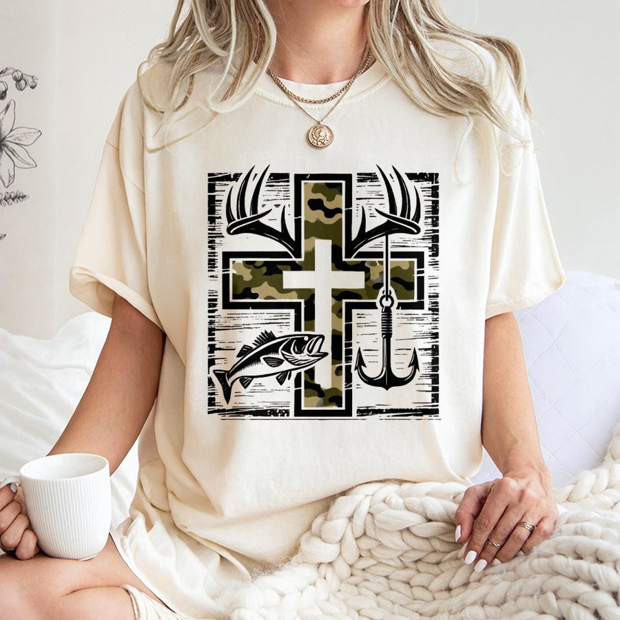 Fishing Cross T-Shirt | Camo Antlers And Bass Graphic | 100% Cotton Premium Tee | Christian Outdoorsman Gift for Men and Women