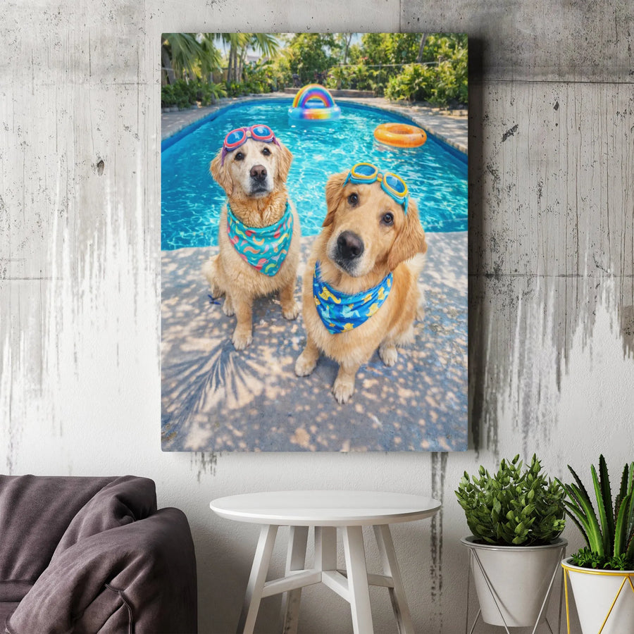 Funny Golden Retriever Canvas Wall Art | Summer Pool Party Dogs Photo | Premium Gallery Wrapped Canvas | Unique Gift for Dog Lovers