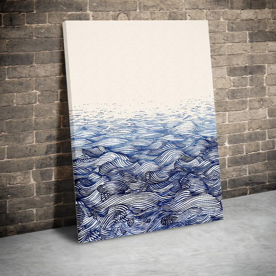 Abstract Ocean Waves Canvas Wall Art | Blue And White Minimalist Line Drawing | Premium Gallery-Wrapped Print | Coastal Decor For Home Or Office