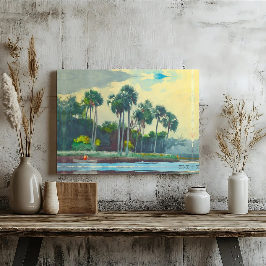 Tropical River Landscape Canvas | Watercolor Palm Tree Art | Premium 1.25-Inch Thick Gallery Wrap | Nature-Inspired Home Decor