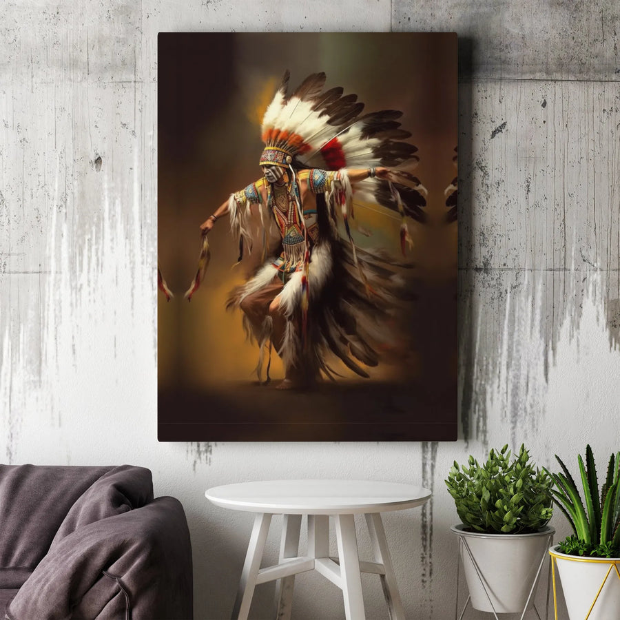 Native American Warrior Canvas Art | Traditional Feather Headdress Wall Decor | Premium Gallery Wrap Print | Cultural Heritage Gift for Home