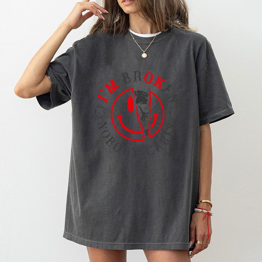 I'm Broken Nobody Cares T-Shirt | Edgy Skull Emoji Graphic Tee | 100% Cotton Premium Unisex | Emotional Aesthetic Streetwear Gift for Teens