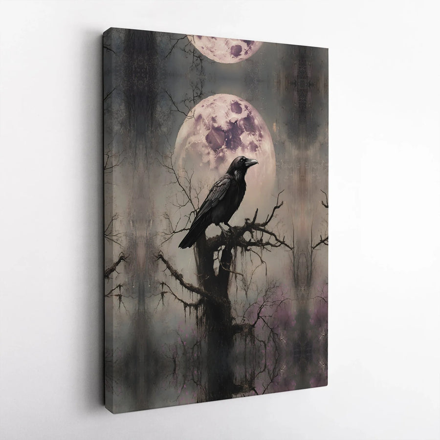 Gothic Raven Canvas Wall Art | Dark Forest Moon Silhouette | Premium 1.25-Inch Gallery Wrap | Spooky Home Decor Gift for Dark Academia Lovers