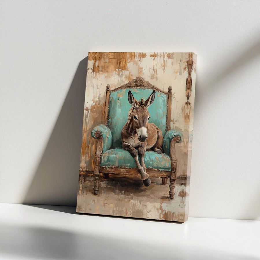 Donkey Wall Art | Whimsical Animal on Vintage Teal Armchair | Premium Gallery-Wrapped Canvas Print | Farmhouse Living Room Decor