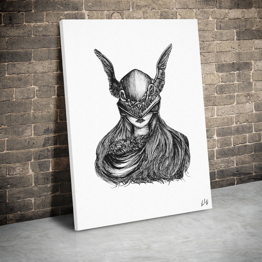 Valkyrie Canvas Print | Winged Helmet Warrior Ink Sketch | Premium Gallery Wrapped Wall Art | Mythology Gift for Home Decor