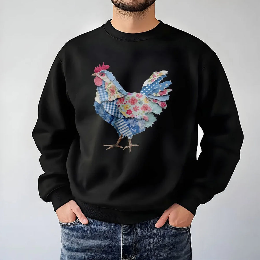 Farmhouse Chicken Sweatshirt | Vintage Faux Patchwork Hen Graphic | Comfort Colors Pullover | Country Style Easter Gift for Her
