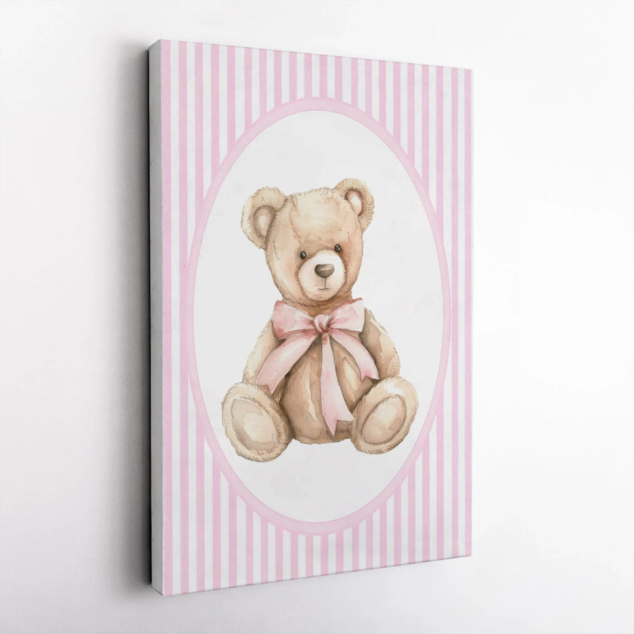 Watercolor Teddy Bear Wall Art | Cute Nursery Decor with Pink Bow | Premium Gallery-Wrapped Canvas Print | Baby Girl Bedroom Gift Idea