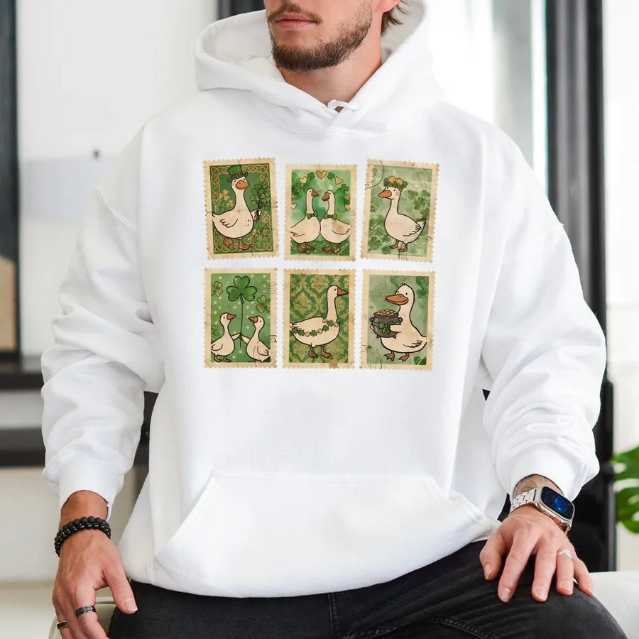 St Patrick’s Day Goose Hoodie | Retro Irish Stamp Graphic | Cotton Blend Premium Sweatshirt | Lucky Shamrock Gift For Her Him