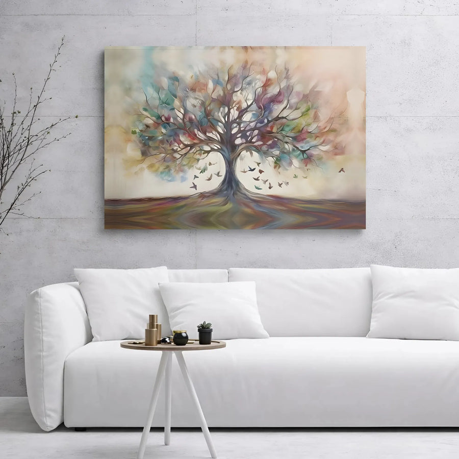 Abstract Tree Of Life Canvas Wall Art | Colorful Watercolor Forest Birds Print | Premium Gallery Wrap 1.25" Frame | Modern Home Office Decor Gift