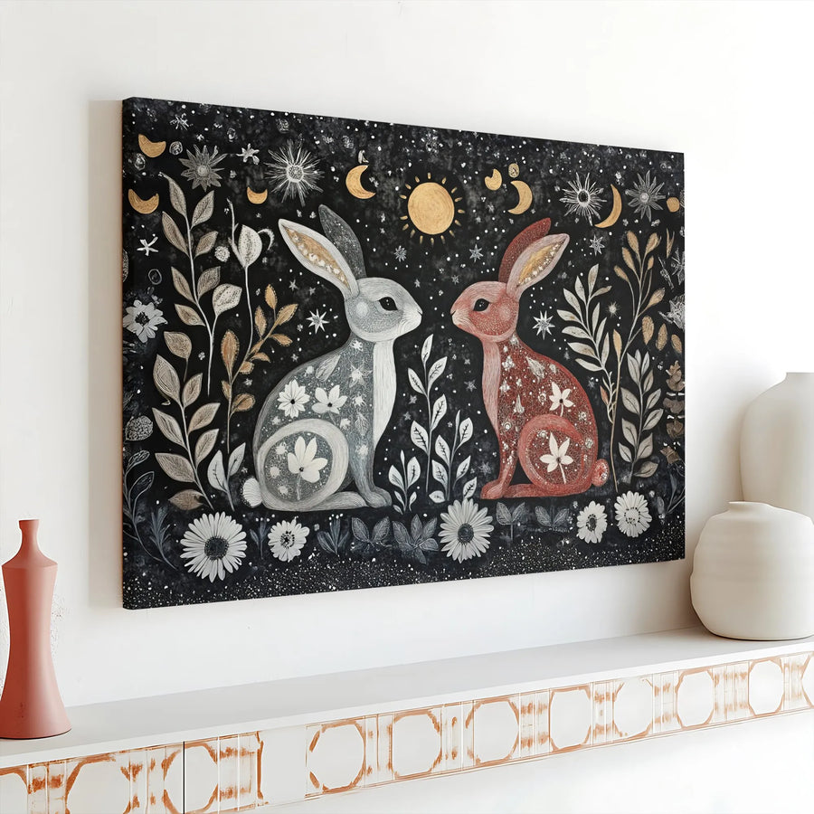 Celestial Rabbits Canvas Art | Whimsical Folk Art Sun and Moon Print | Premium Matte Wall Decor | Bohemian Nursery Gift