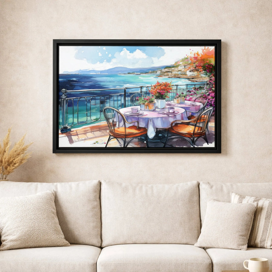Mediterranean Cafe Canvas Wall Art | Watercolor Coastal Balcony Scene | Premium 1.25-Inch Gallery Wrap | Italian Riviera Home Decor Gift