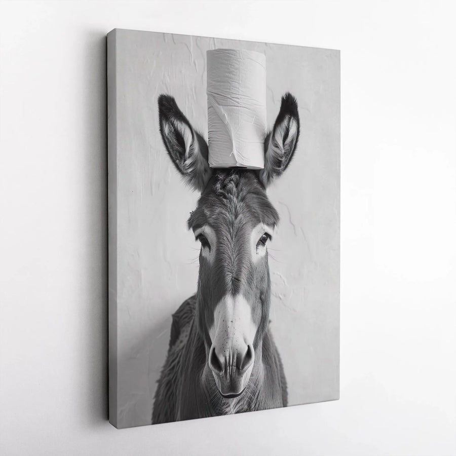 Funny Donkey Wall Art | Toilet Paper Roll Head Print | Premium Gallery Wrapped Canvas | Quirky Bathroom Decor Gift