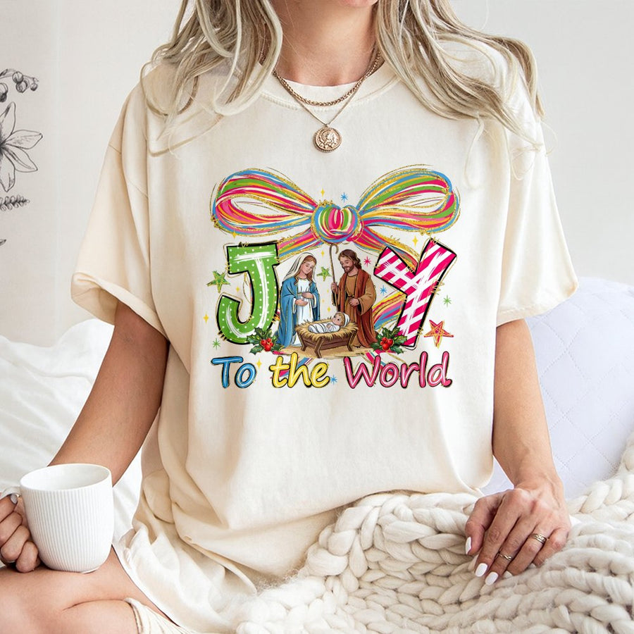 Joy To The World T-Shirt | Nativity Scene Graphic Print | 100% Cotton Premium Tee | Christian Christmas Gift For Men & Women