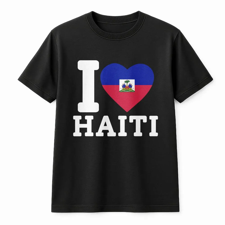 Haitian Pride T-Shirt | I Love Haiti Flag Heart Graphic | Soft Cotton Tee | Caribbean Heritage Gift for Haitian American