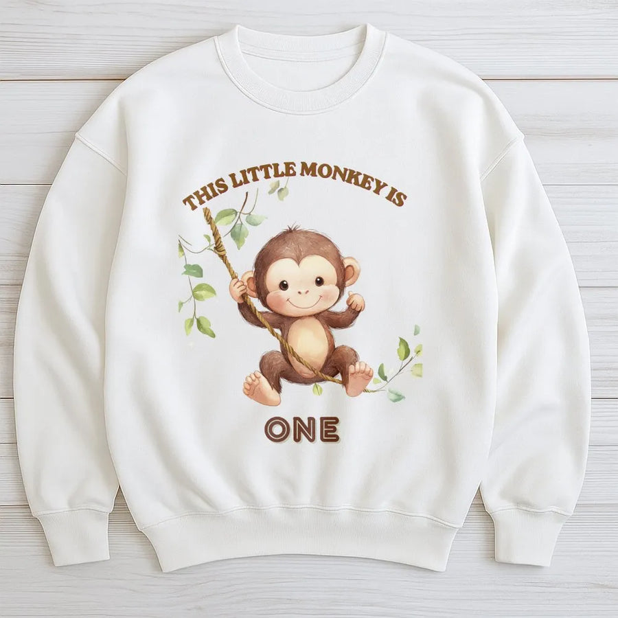 Monkey 1st Birthday Sweatshirt | This Little Monkey Is One Graphic | Soft Cotton Blend Pullover | Mom's First Birthday Party Gift