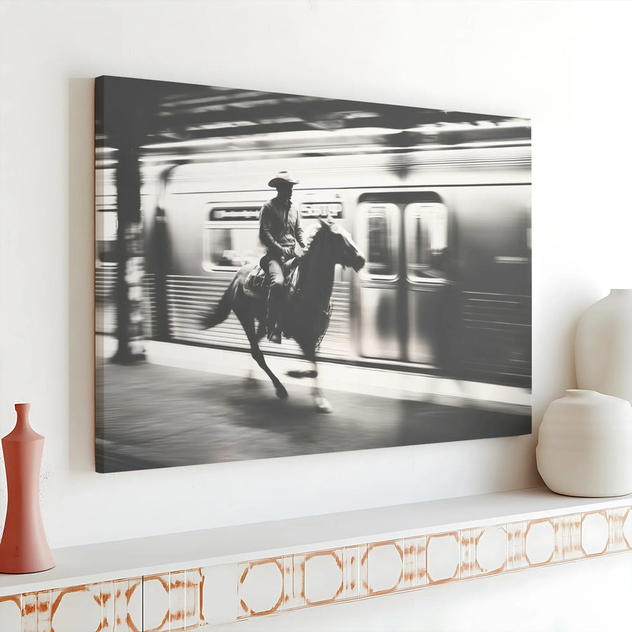 Cowboy Riding Horse Canvas Art | Surreal Subway Train Motion Photography | Gallery Wrapped Premium Wall Decor | Western Modern Home Gift