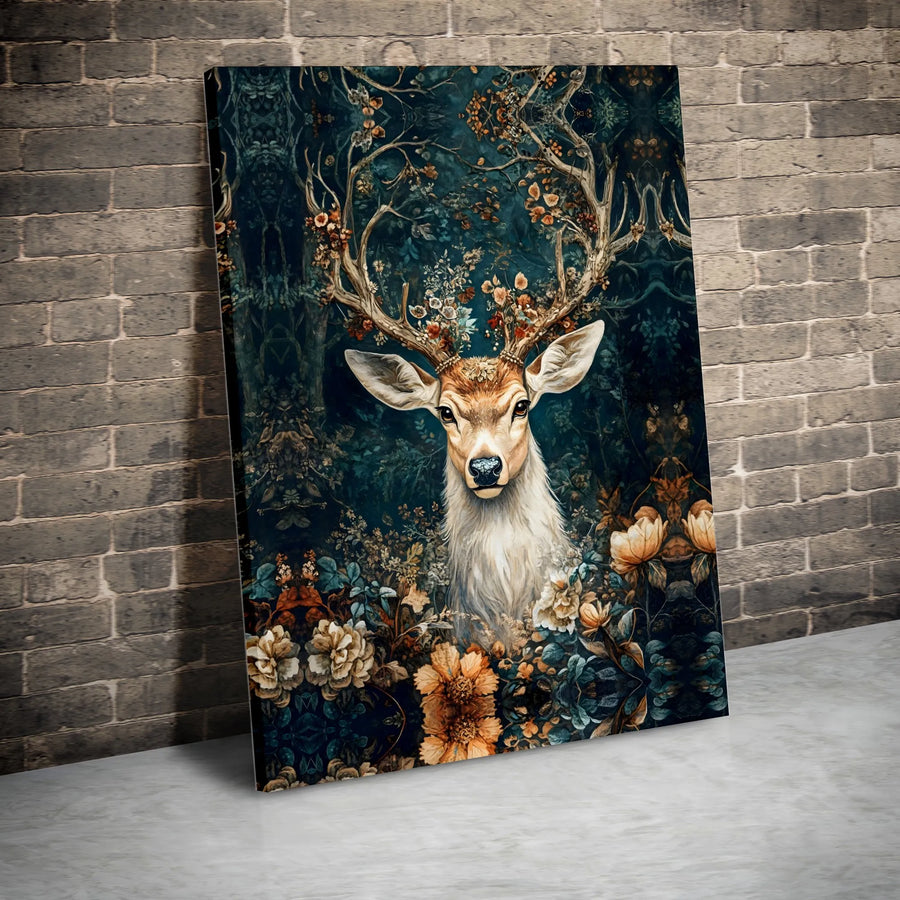 Majestic Deer Canvas Wall Art | Enchanted Forest Floral Antler Print | Premium Gallery Wrap 1.25 Inch | Whimsical Nature Home Decor Gift