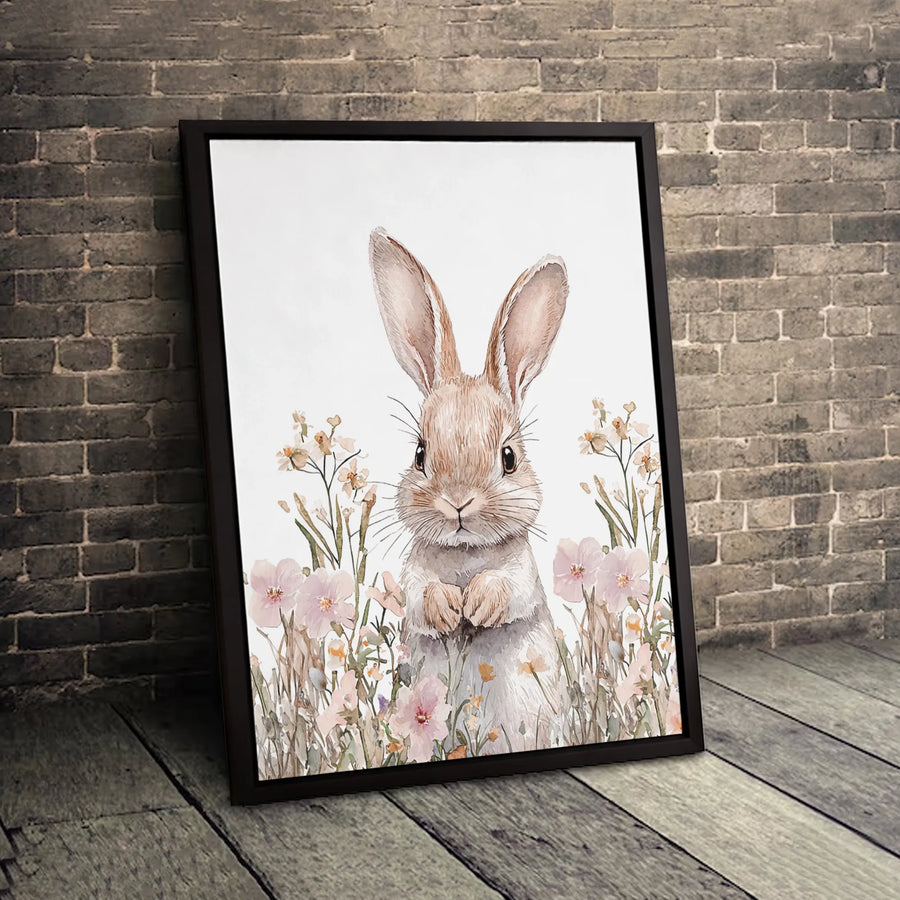 Watercolor Bunny Rabbit Canvas Print | Floral Woodland Nursery Wall Art | 1.25-Inch Premium Gallery Wrap | Nature-Inspired Home Decor Gift