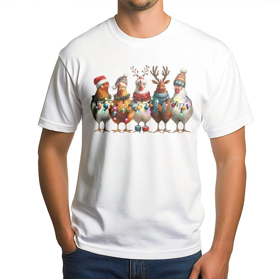 Christmas Chicken T-Shirt | Funny Farm Animal Holiday Lights Design | 100% Cotton Premium Tee | Festive Gift for Chicken Lovers