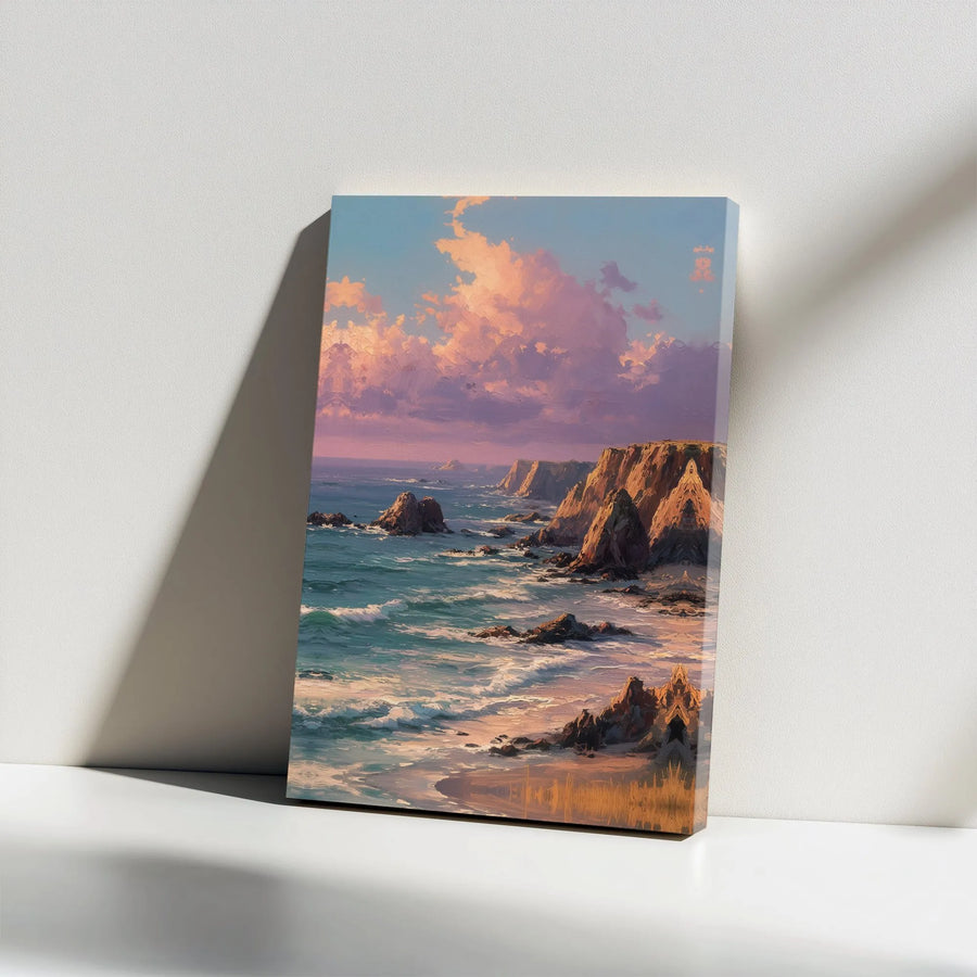 Coastal Cliffs Canvas Wall Art | Sunset Ocean Waves Oil Painting Style | Premium Gallery Wrap Decor | Nature Landscape Gift For Home Office