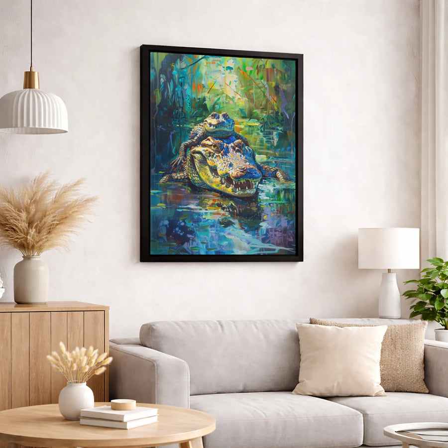 Alligator Family Wall Art | Colorful Abstract Swamp Painting | Premium Gallery-Wrapped Canvas | Animal Lover Home Decor Gift