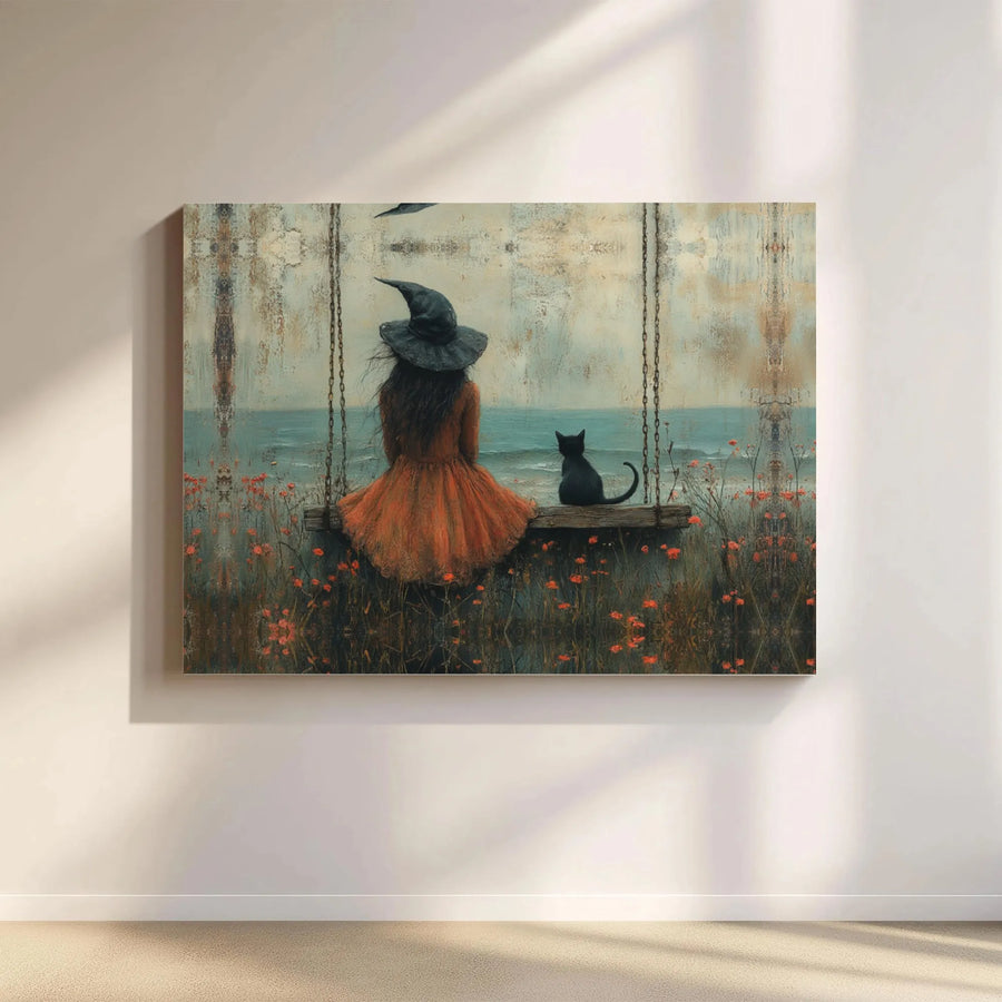 Witch and Black Cat Canvas Art | Whimsical Ocean Swing Gothic Decor | 1.25 Inch Premium Gallery Wrap | Spooky Halloween Home Wall Gift