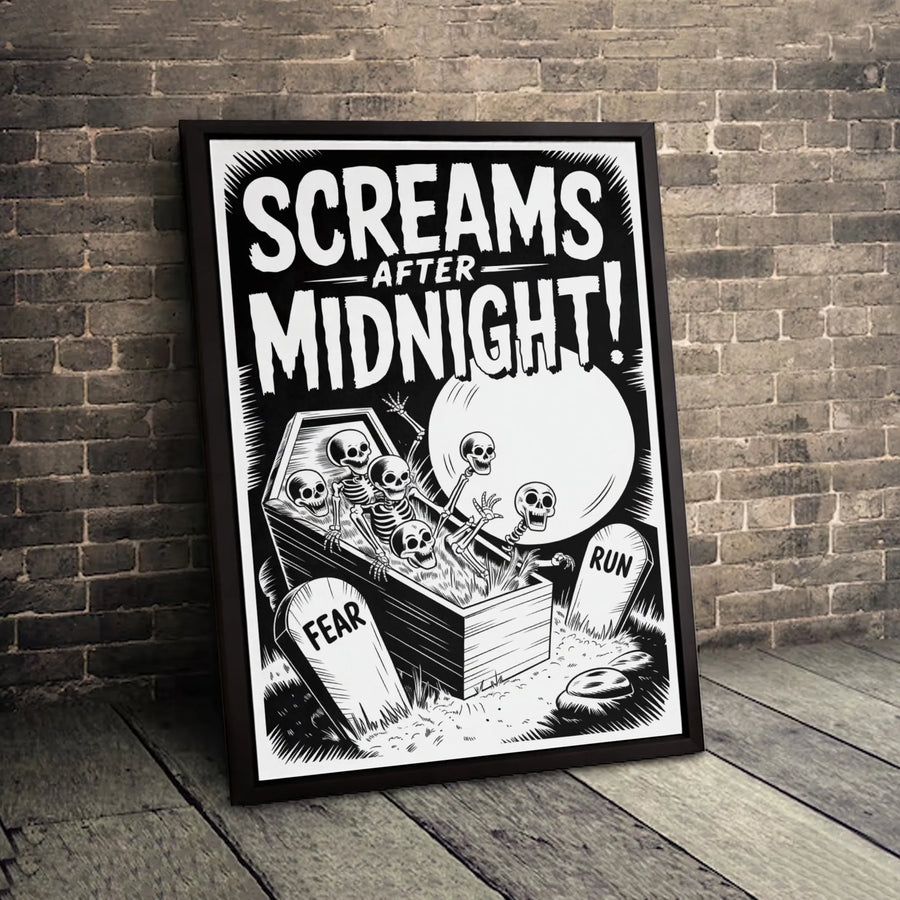 Screams After Midnight Gothic Wall Art | Creepy Coffin Skeleton Illustration | Premium Gallery Wrapped Canvas | Halloween Home Decor Gift