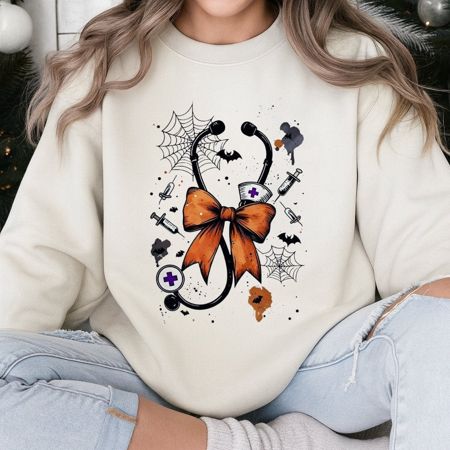 Halloween Nurse Sweatshirt | Spooky Stethoscope Bow Design | Cotton-Poly Blend Premium Crewneck | Gift for Nurses & Nursing Students