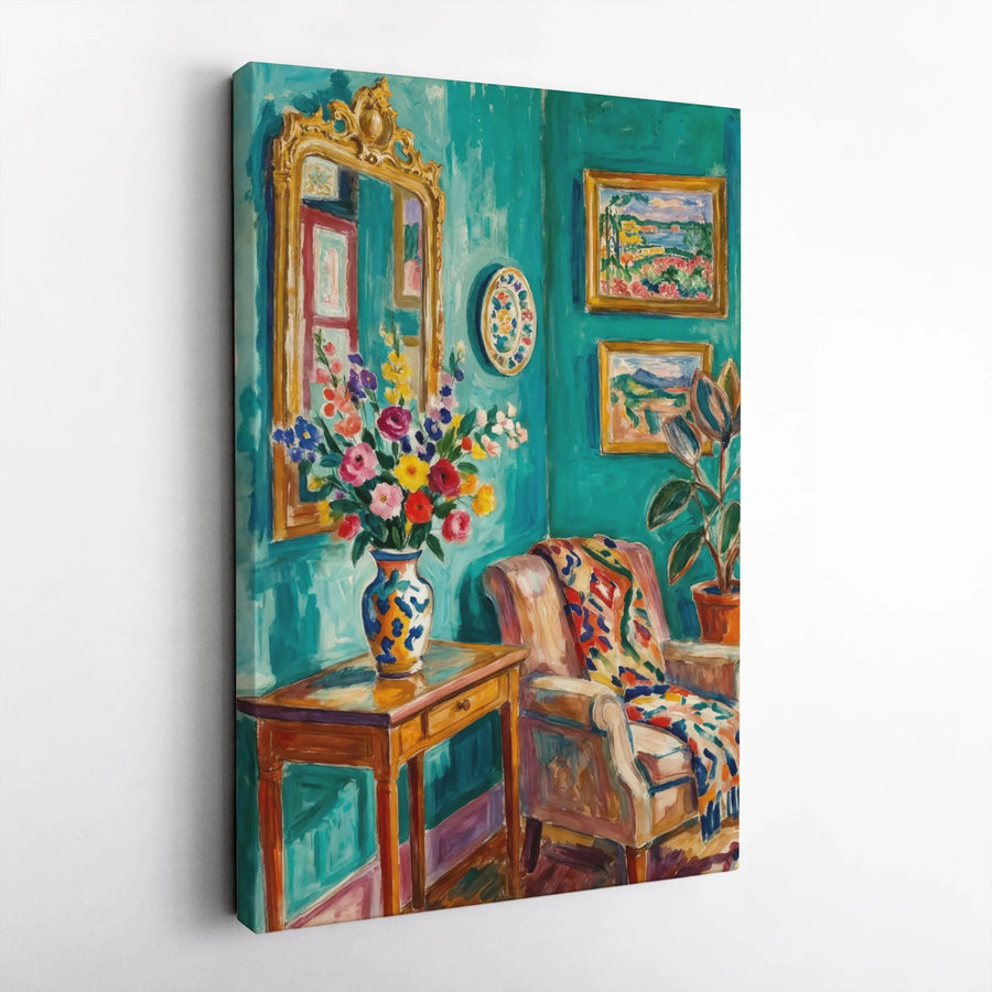 Fauvist Interior Canvas Print | Colorful Still Life with Flower Vase | Premium Gallery Quality Wall Art | Eclectic Home Decor Gift