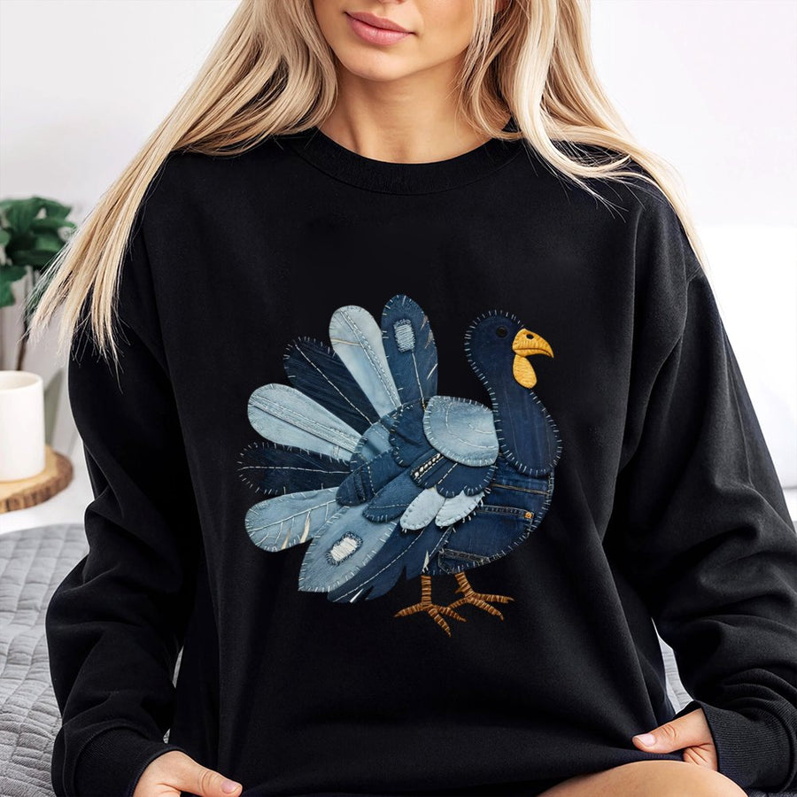 Denim Patchwork Turkey Sweatshirt | Cute Fall Graphic Design | Premium Cotton Blend | Thanksgiving Gift For Her