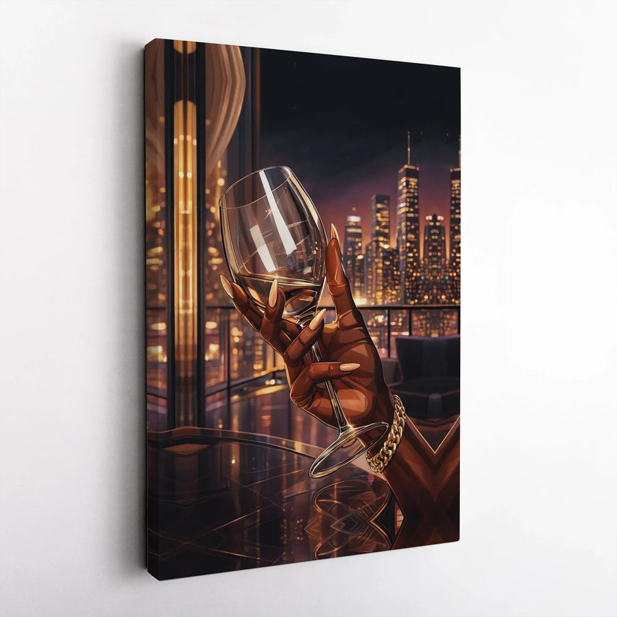 Black Woman Wine Glass Canvas Print | Luxury Cityscape Night View Art | Premium Gallery Wrap Canvas | Modern Home Decor Gift for Her