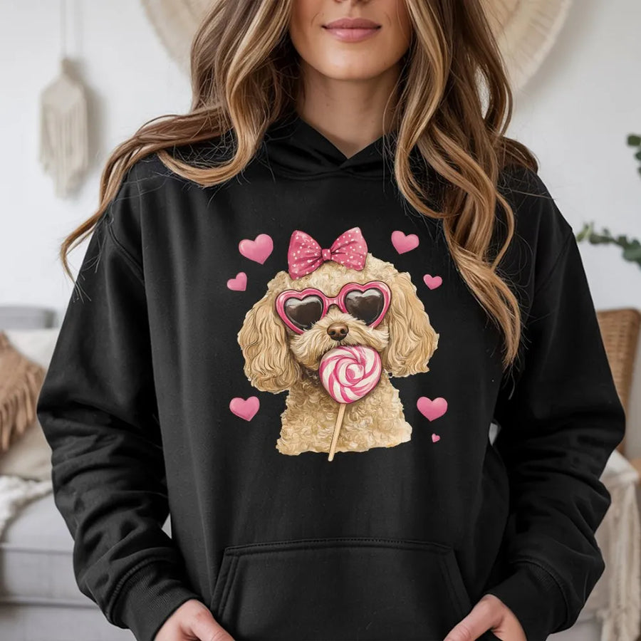 Valentine Dog Hoodie | Poodle with Lollipop Graphic | Soft Cotton Blend | Cute Puppy Lover Gift for Her