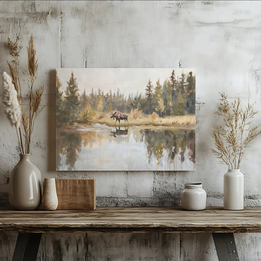 Moose Canvas Wall Art | Impressionist Lake Forest Reflection | 1.25 Inch Gallery Wrap | Rustic Nature Decor For Cabin & Home Office